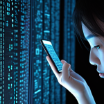 A Malaysian individual, seemingly unaware, engrossed in using a sleek, modern smartphone. Subtle, translucent digital streams of data and binary code emanate from the phone and disperse into the background, hinting at pervasive data collection. The scene has a slightly ominous, high-tech atmosphere, blending convenience with an underlying sense of vulnerability. Focus on realistic rendering, ambient lighting with soft glowing elements, depicting the unseen privacy risks of everyday AI interaction.