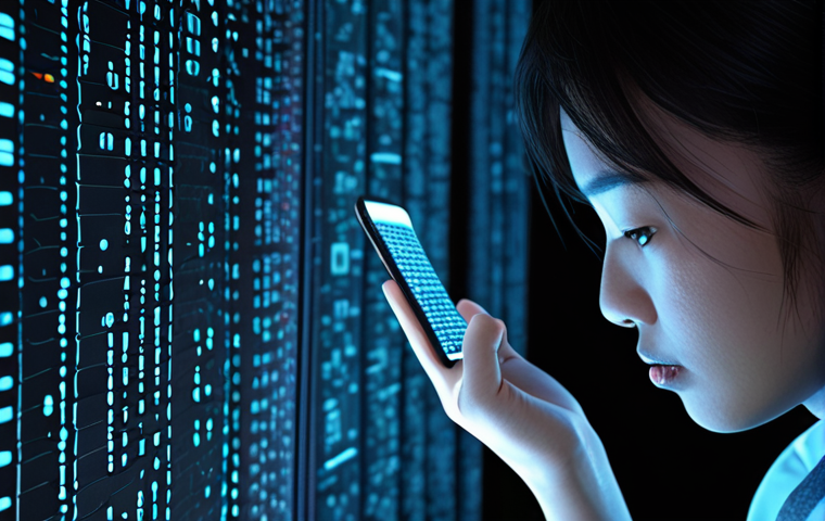 A Malaysian individual, seemingly unaware, engrossed in using a sleek, modern smartphone. Subtle, translucent digital streams of data and binary code emanate from the phone and disperse into the background, hinting at pervasive data collection. The scene has a slightly ominous, high-tech atmosphere, blending convenience with an underlying sense of vulnerability. Focus on realistic rendering, ambient lighting with soft glowing elements, depicting the unseen privacy risks of everyday AI interaction.