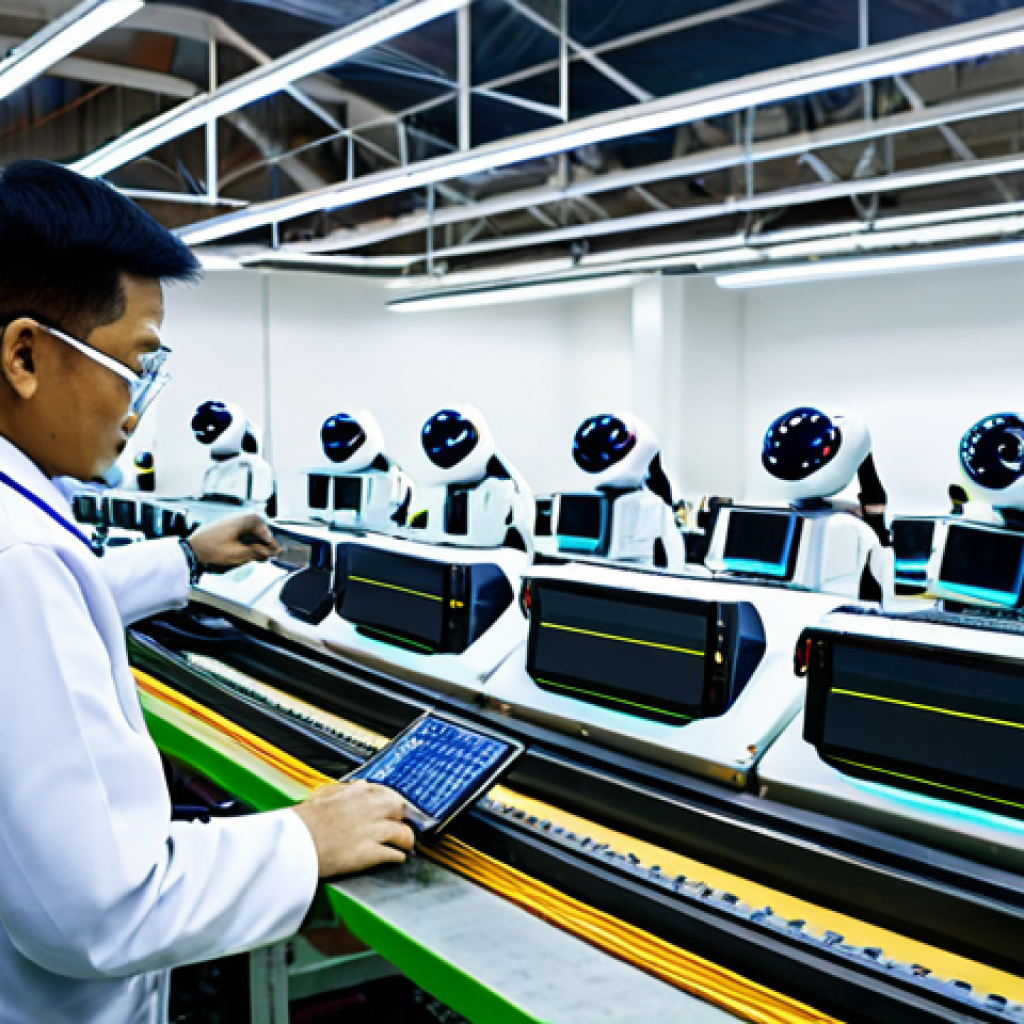 A modern, clean factory floor with several collaborative robots (cobots) working seamlessly alongside human technicians. The robots are precisely moving and assembling electronic components on a production line. A male Malaysian factory worker, fully clothed in a modest, professional work uniform and safety glasses, is observing a cobot, showing collaboration. The background features advanced machinery and smart screens displaying data. Perfect anatomy, correct proportions, natural pose, well-formed hands, proper finger count, natural body proportions, professional photography, high quality, safe for work, appropriate content, fully clothed, professional, family-friendly.
