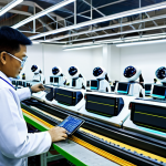 A modern, clean factory floor with several collaborative robots (cobots) working seamlessly alongside human technicians. The robots are precisely moving and assembling electronic components on a production line. A male Malaysian factory worker, fully clothed in a modest, professional work uniform and safety glasses, is observing a cobot, showing collaboration. The background features advanced machinery and smart screens displaying data. Perfect anatomy, correct proportions, natural pose, well-formed hands, proper finger count, natural body proportions, professional photography, high quality, safe for work, appropriate content, fully clothed, professional, family-friendly.
