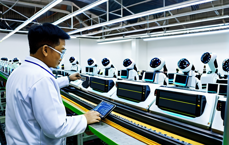 A modern, clean factory floor with several collaborative robots (cobots) working seamlessly alongside human technicians. The robots are precisely moving and assembling electronic components on a production line. A male Malaysian factory worker, fully clothed in a modest, professional work uniform and safety glasses, is observing a cobot, showing collaboration. The background features advanced machinery and smart screens displaying data. Perfect anatomy, correct proportions, natural pose, well-formed hands, proper finger count, natural body proportions, professional photography, high quality, safe for work, appropriate content, fully clothed, professional, family-friendly.