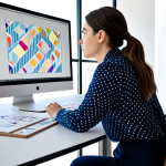 A professional graphic designer, fully clothed in a modest, contemporary business attire, sits intently at a sleek white desk in a sunlit, modern creative studio. She is collaborating with an AI on a large, high-resolution monitor displaying abstract patterns and design variations, gesturing thoughtfully with a digital pen. The studio is clean and minimalist, with natural light streaming in, showcasing a vibrant, inspiring atmosphere. Her posture is natural, depicting deep focus and creativity. This image is safe for work, appropriate content, fully clothed, professional. Perfect anatomy, correct proportions, well-formed hands, proper finger count, natural body proportions.