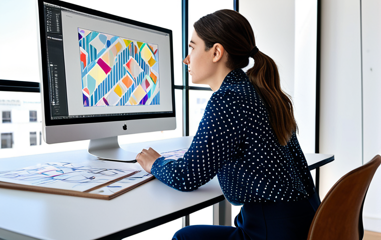 A professional graphic designer, fully clothed in a modest, contemporary business attire, sits intently at a sleek white desk in a sunlit, modern creative studio. She is collaborating with an AI on a large, high-resolution monitor displaying abstract patterns and design variations, gesturing thoughtfully with a digital pen. The studio is clean and minimalist, with natural light streaming in, showcasing a vibrant, inspiring atmosphere. Her posture is natural, depicting deep focus and creativity. This image is safe for work, appropriate content, fully clothed, professional. Perfect anatomy, correct proportions, well-formed hands, proper finger count, natural body proportions.