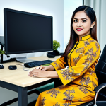 Professional Setting**

"A professional Malaysian businesswoman in a modest baju kurung with batik accents, sitting at a modern desk in a bright, open-plan office in Kuala Lumpur, fully clothed, appropriate attire, safe for work, perfect anatomy, natural pose, professional corporate photography, high quality, family-friendly."

**