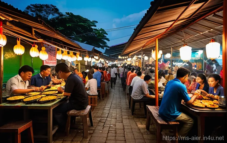 AI 전문가를 위한 책 추천 - **A vibrant Malaysian street food scene at dusk.**
    A bustling outdoor hawker center in Kuala Lum...