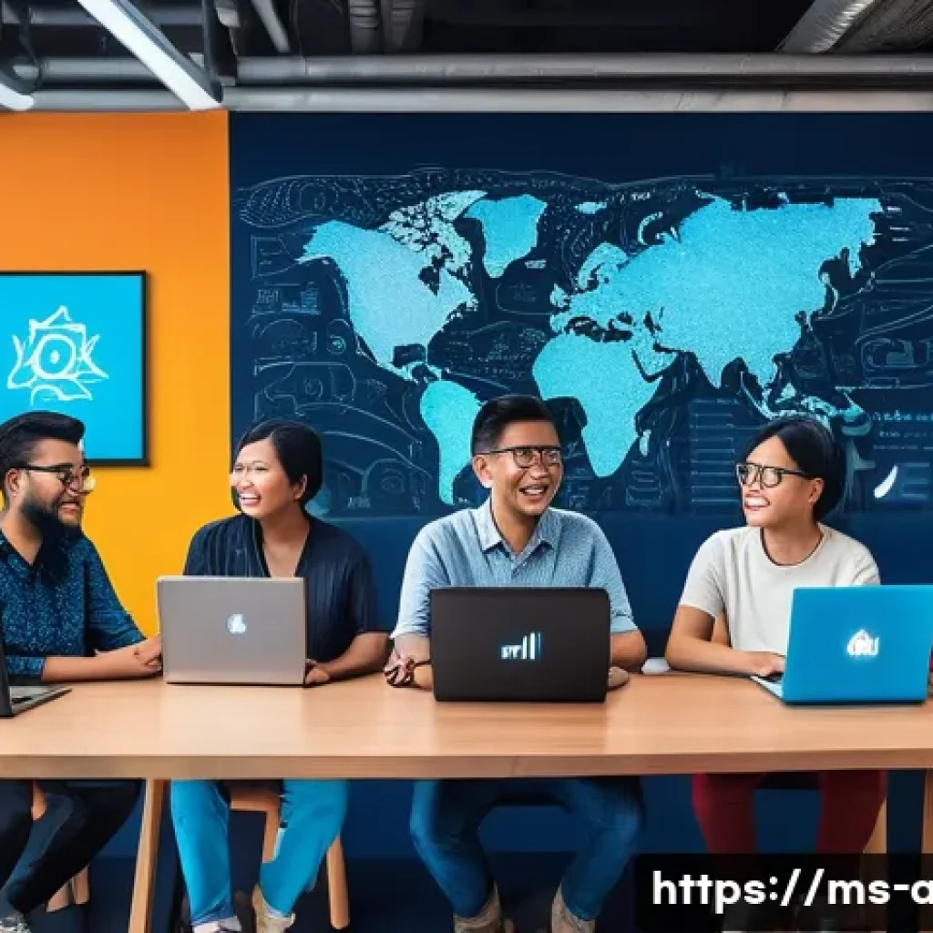 인공지능 개발자 커뮤니티 활용법 - A vibrant digital illustration of a diverse Malaysian AI community gathering in a modern co-working ...